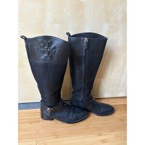 Tory Burch Simone Black Pebbled Leather Side Zip Riding Boots Shoes Women sz 7.5